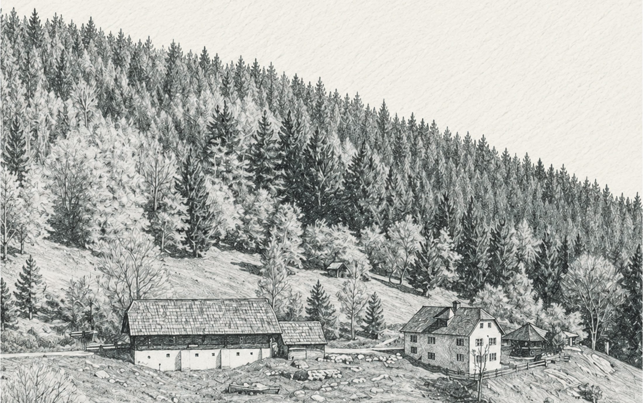 Zeichnung des Höhn: Stadl, Wohnhaus und Pavillon am Waldhang