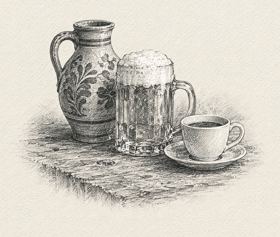 Zeichnung von Mostkrug, Bierkrügerl und Kaffeetasse