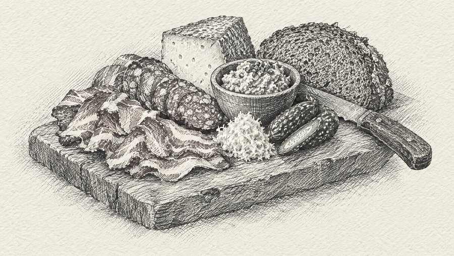 Zeichnung einer Brettljause mit Speck, Wurst, Käse, Verhackert und Bauernbrot